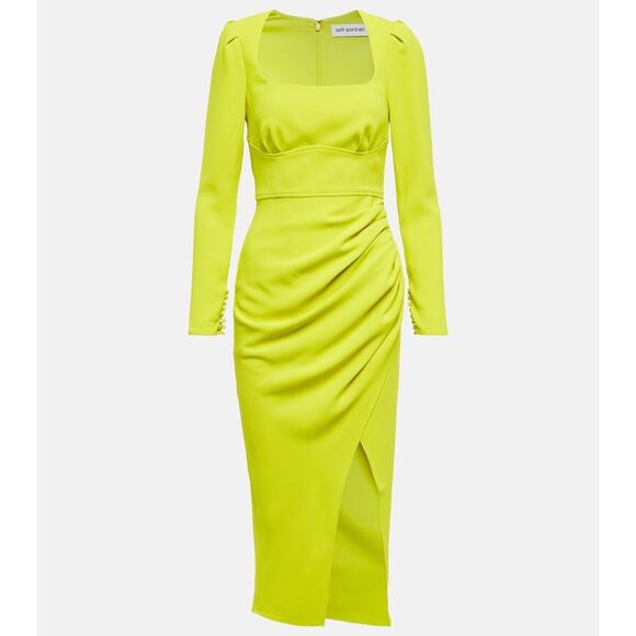 SELF PORTRAIT GREEN CREPE RUCHED MIDI DRESS - Picture 1 of 13